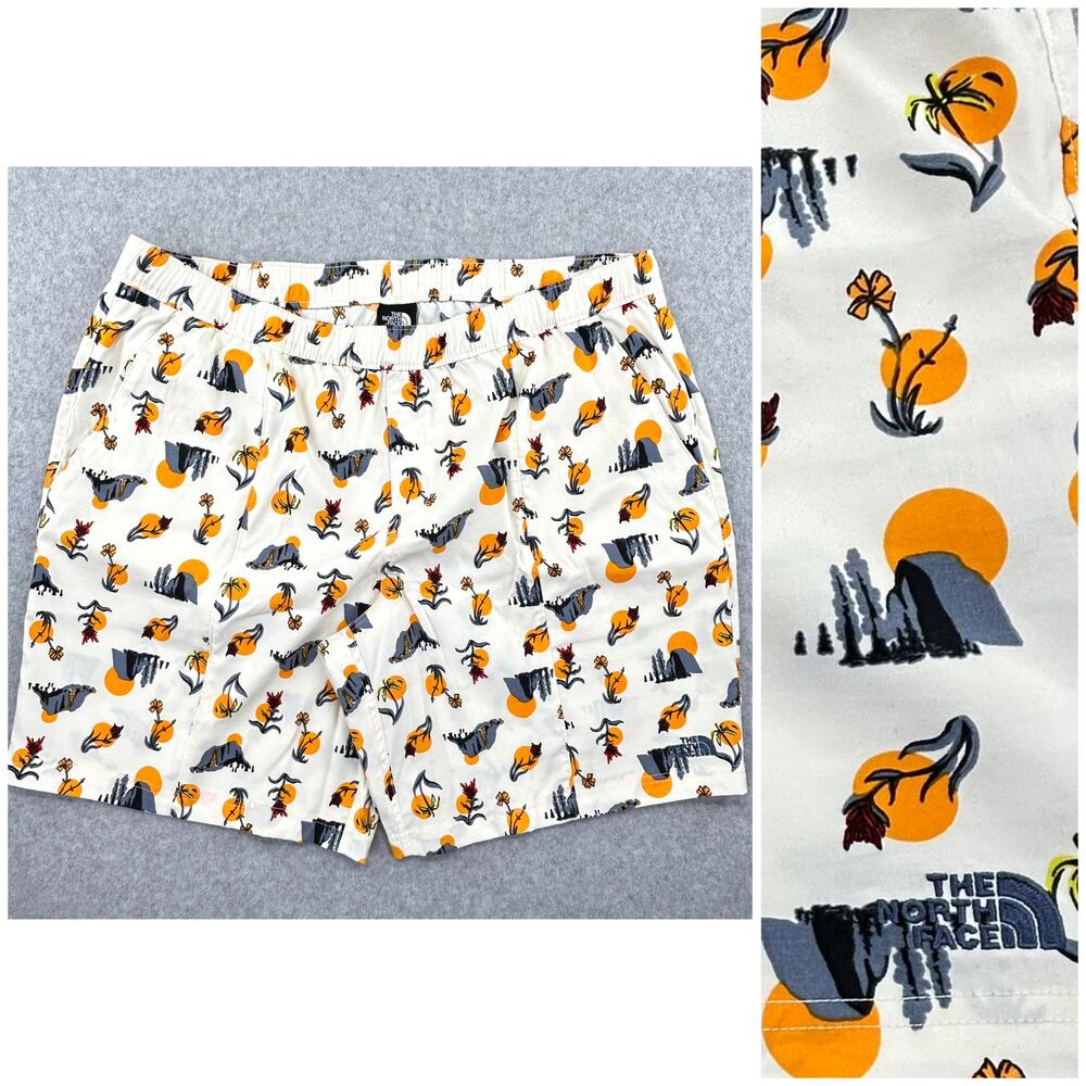 North Face Class V Swim Shorts Mens 2XL Vtg Cream Valley Sun Print AOP Pull On